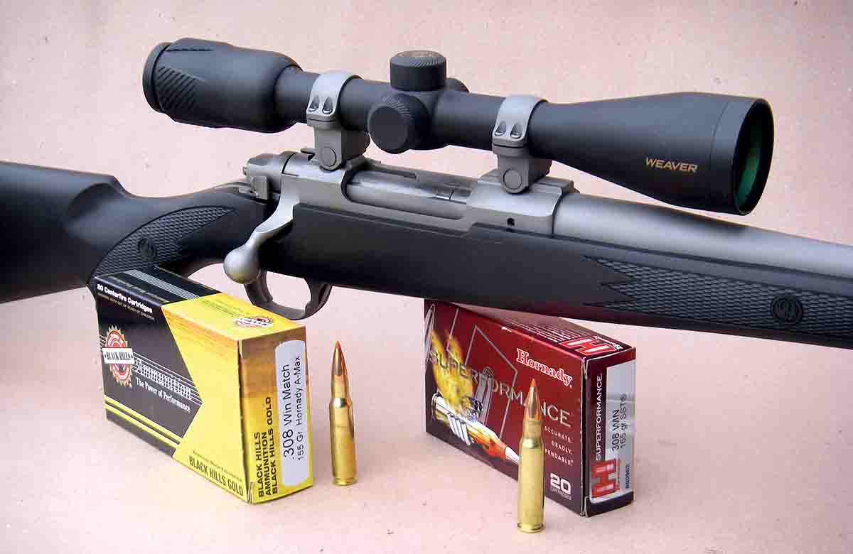 A Ruger M77 Hawkeye with a 22-inch barrel and Weaver 3-12x Grand Slam scope was used to  test .308 Winchester handloads.